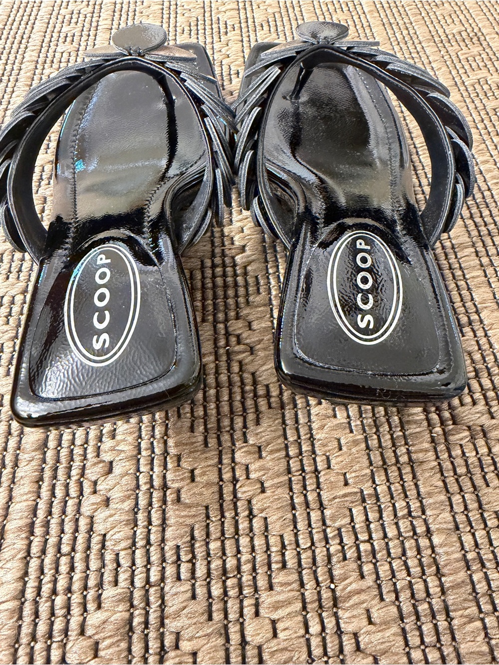 Scoop Black Patent Slide Sandals with Braided Upper